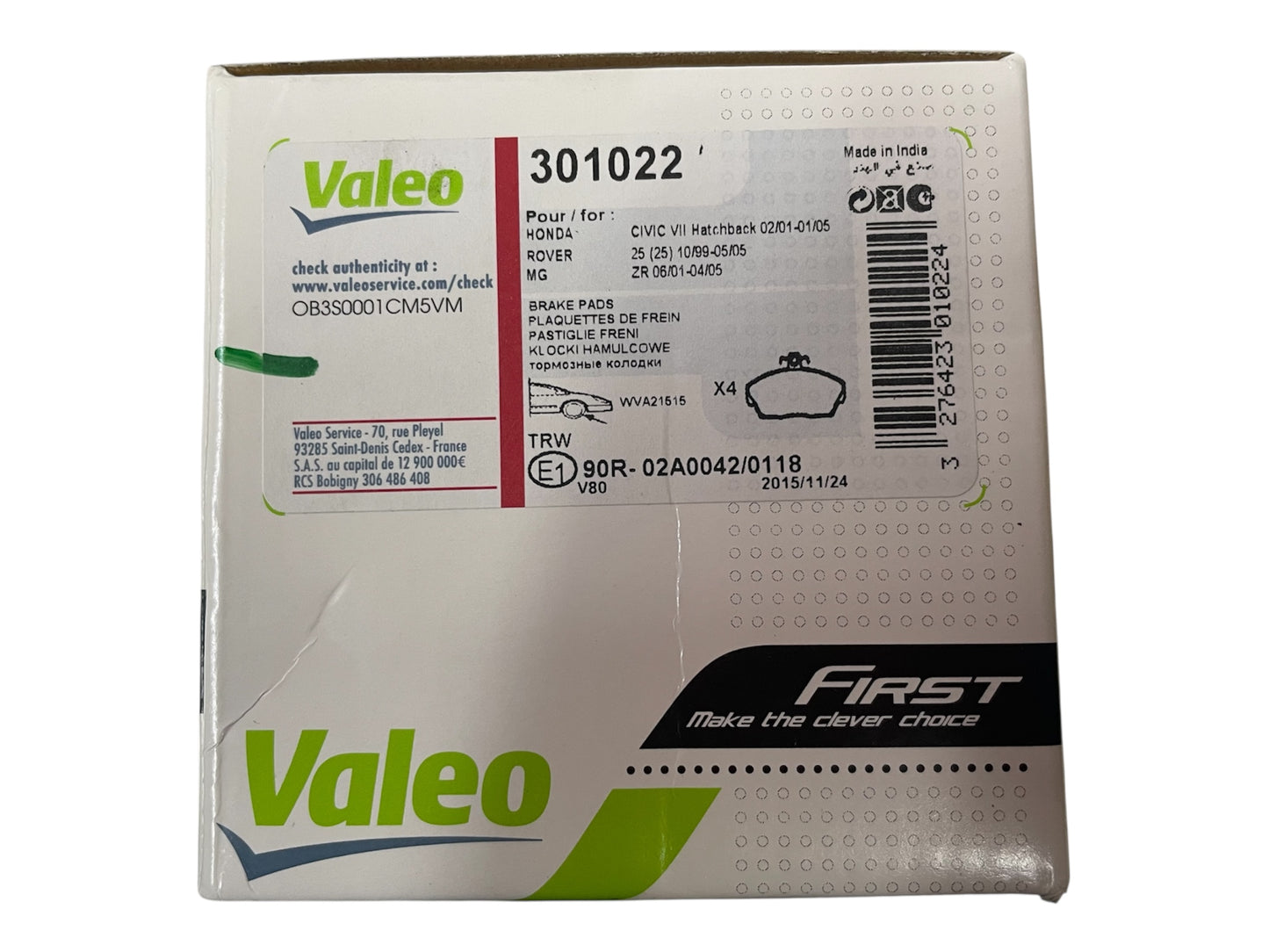 Rover 200 / 25 / ZR / 400 / 45 / ZS | 262mm VENTED Front Brake Pads | Valeo SFP000390